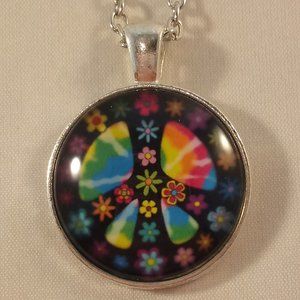 Silver Peace Sign Love Flowers Cabochon Pendant Necklace Illuminated Psychedelic